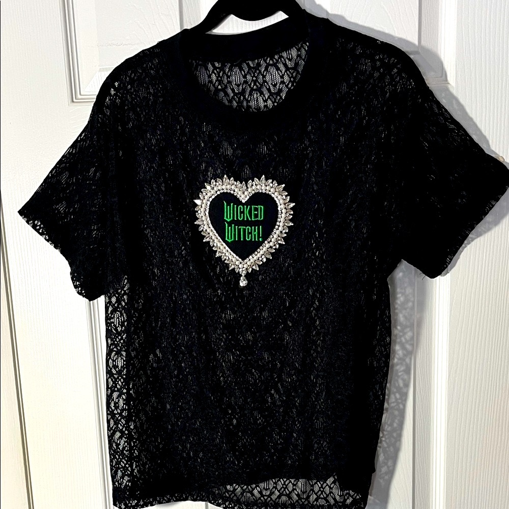 Forever21 Wicked Witch black lace pullover Glinda rhinestone pearl bling green S